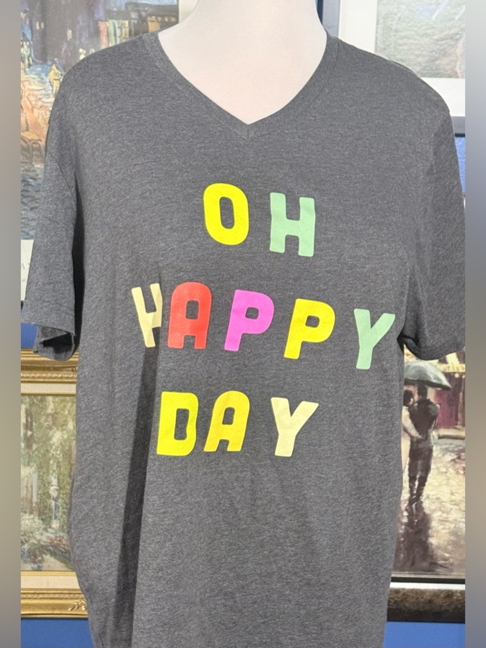 Oh Happy Day V-Neck Short Sleeve Tee - Gray with Multicolor Letters